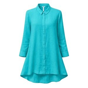 Eileen Fisher Shirt Sz LG 100% Organic Irish Linen Button Up Top Aqua Lagenlook